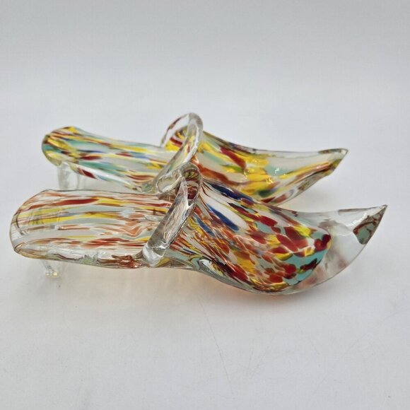 Pair Of Vintage Murano Style Italian Art Glass Slipper Heel Shoe Multicolor Chip - Picture 5 of 14